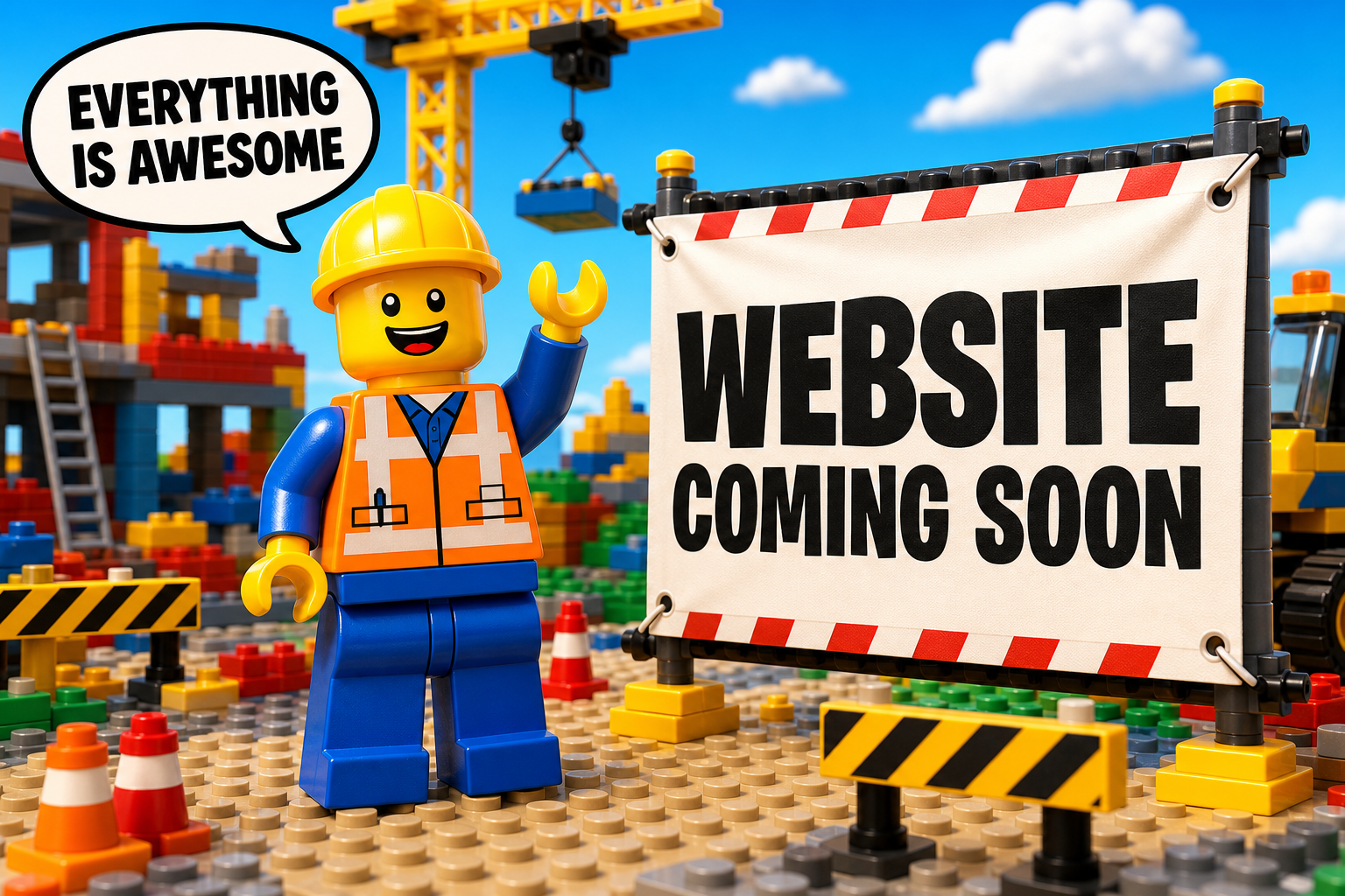 A cheerful block toy construction worker beside a banner that says Everything is Awesome and Website Coming Soon